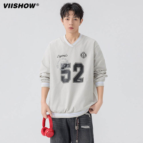 VIISHOW2025年春季新款时尚潮牌撞色V领抽绳套头长袖卫衣外套男