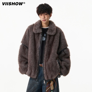 VIISHOW韩系皮草男女冬季复古潮牌拼接拉链外套宽松轻奢短款大衣