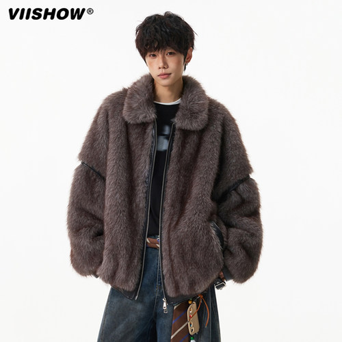 VIISHOW韩系皮草男女冬季复古潮牌拼接拉链外套宽松轻奢短款大衣