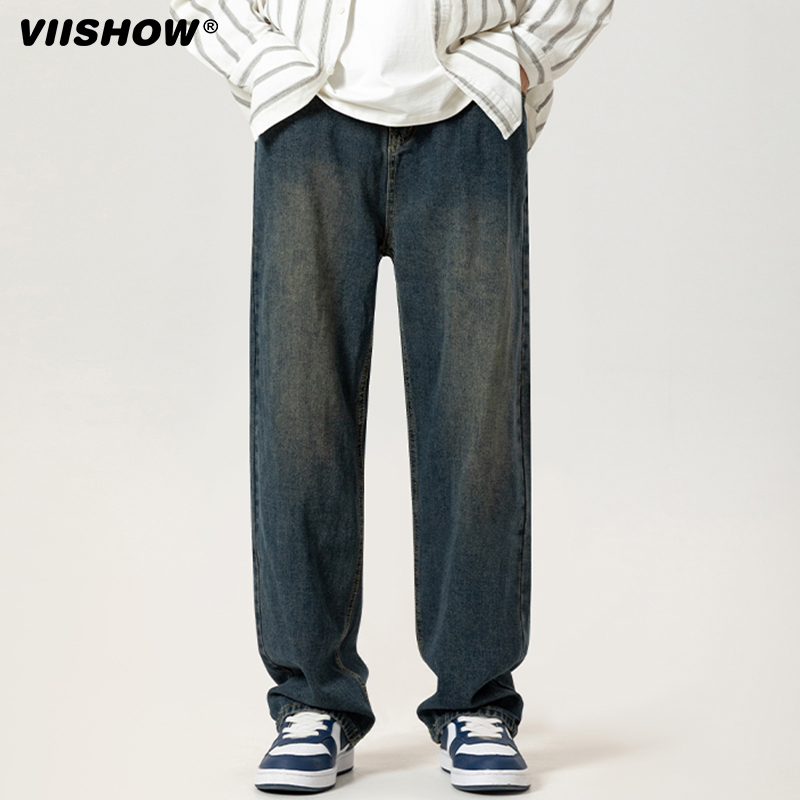 VISHOW宽松直筒牛仔裤男秋冬季cleanfit美式复古休闲阔腿裤潮流