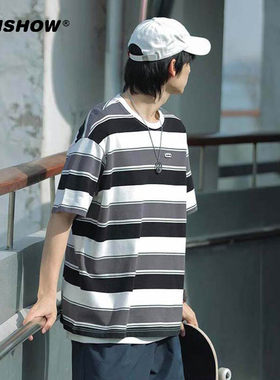 VIISHOW2023春夏新款cityboy日系宽松t短袖T恤撞色条纹情侣短t男