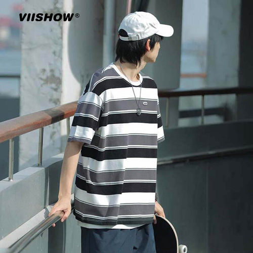 VIISHOW2023春夏新款cityboy日系宽松t短袖T恤撞色条纹情侣短t男