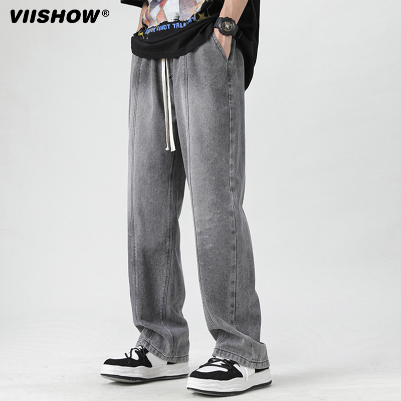 VISHOW美式抽绳松紧腰牛仔裤男春秋季oversize高街宽松阔腿裤