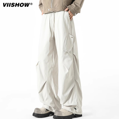 VIISHOW机能工装裤男夏季薄款褶皱拼接痞帅伞兵休闲裤宽松直筒裤
