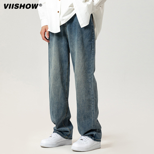 VIISHOW阔腿牛仔男秋冬季 高街复古宽松直筒裤 垂感显高加绒休闲裤