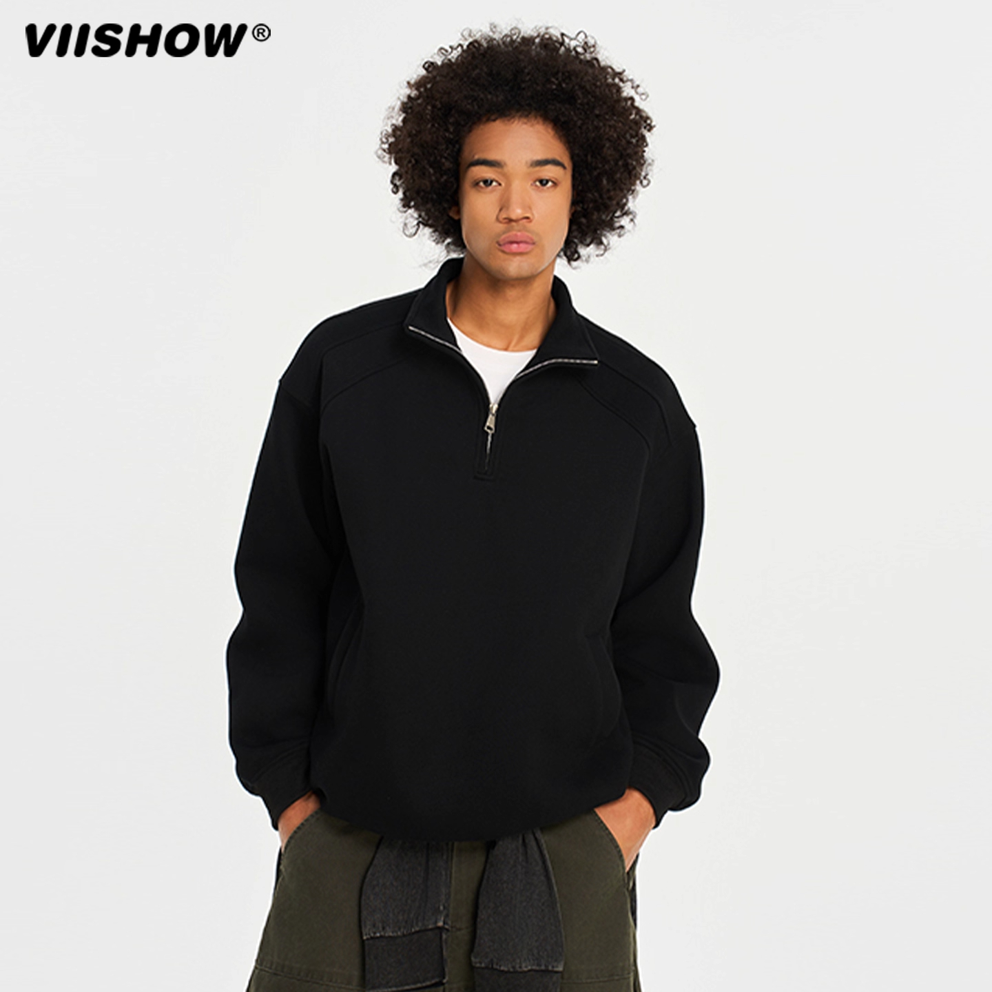 VIISHOW美式复古半拉链立领卫衣男秋季潮牌宽松廓形外套情侣上衣