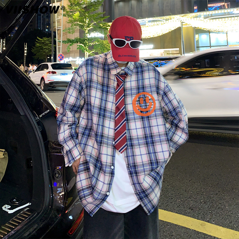 VIISHOW格子衬衫男春季新款潮牌宽松长袖衬衣青少年休闲痞帅外套