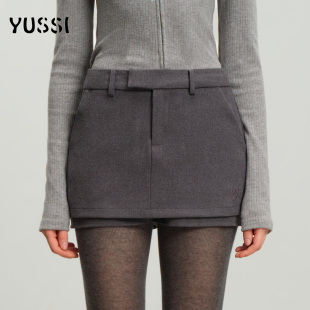 YUSSI气质西装 裙 假两件羊毛格纹毛呢半身裙秋冬刺绣高腰a字保暖裤