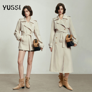 灰调白翻领双排扣长短款 YUSSI 本 哑光金扣版 风衣外套 许妍同款