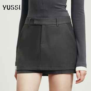 裙a字短裙子 包臀绣花裤 YUSSI黑色假两件半身裙女春夏新款 百搭修身