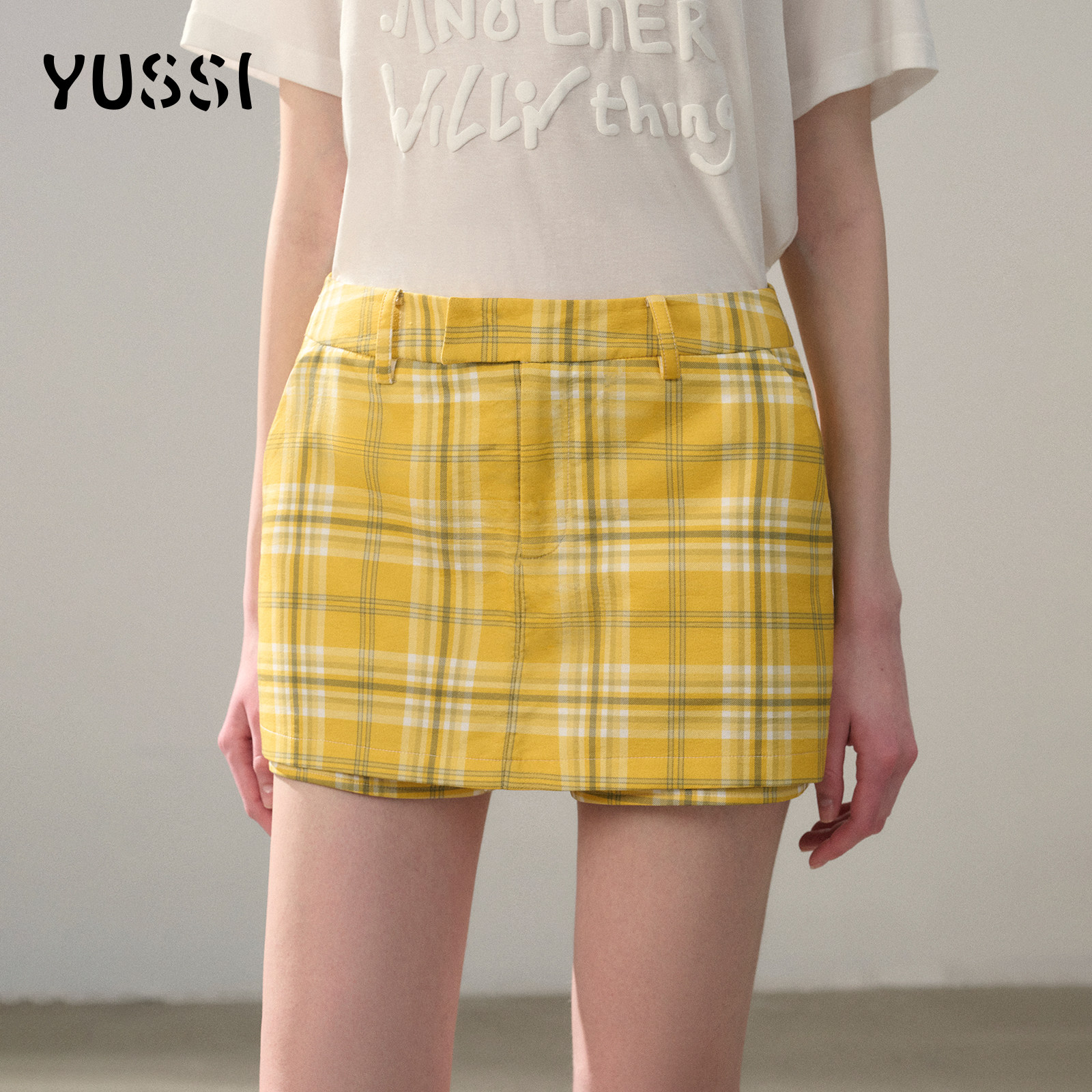 YUSSI2026夏季新款黄色格纹绣花裤裙女防走光高腰显瘦a字半身短裙