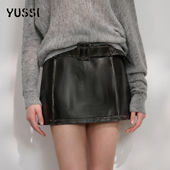 YUSSI早春复古腰带PU皮裙2026新款 a字短裙女秋冬修身 包臀半身裙子