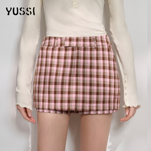 YUSSI2026春夏新款 超好看包臀半身裙 粉色格子短裙女miu系a字裙裤