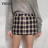 YUSSI2026春夏新款 超好看高腰包臀半身裙子 灰色格子短裙女a字裙裤