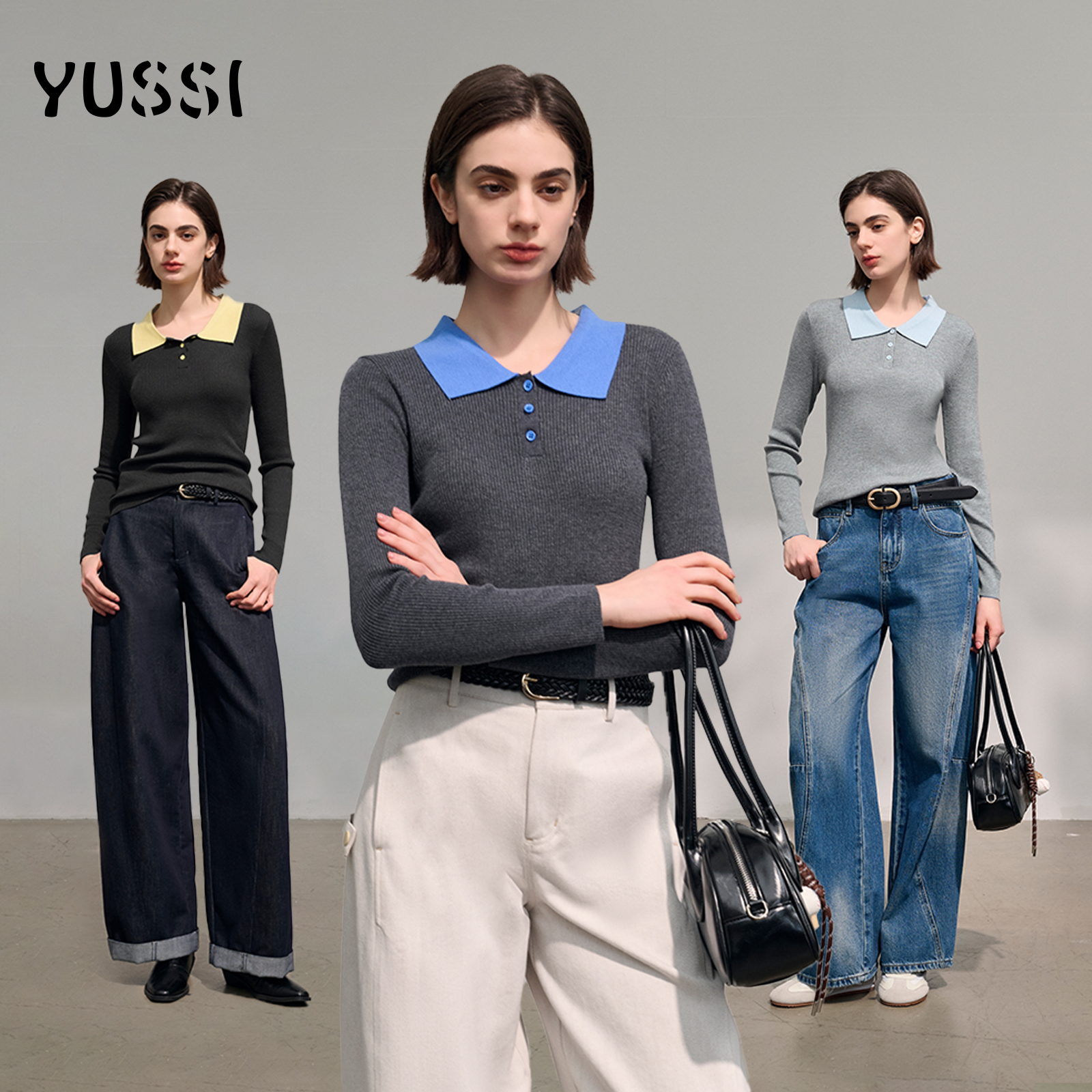 YUSSI 羊毛混纺拼色POLO领长袖针织衫毛衫打底衫初秋新款