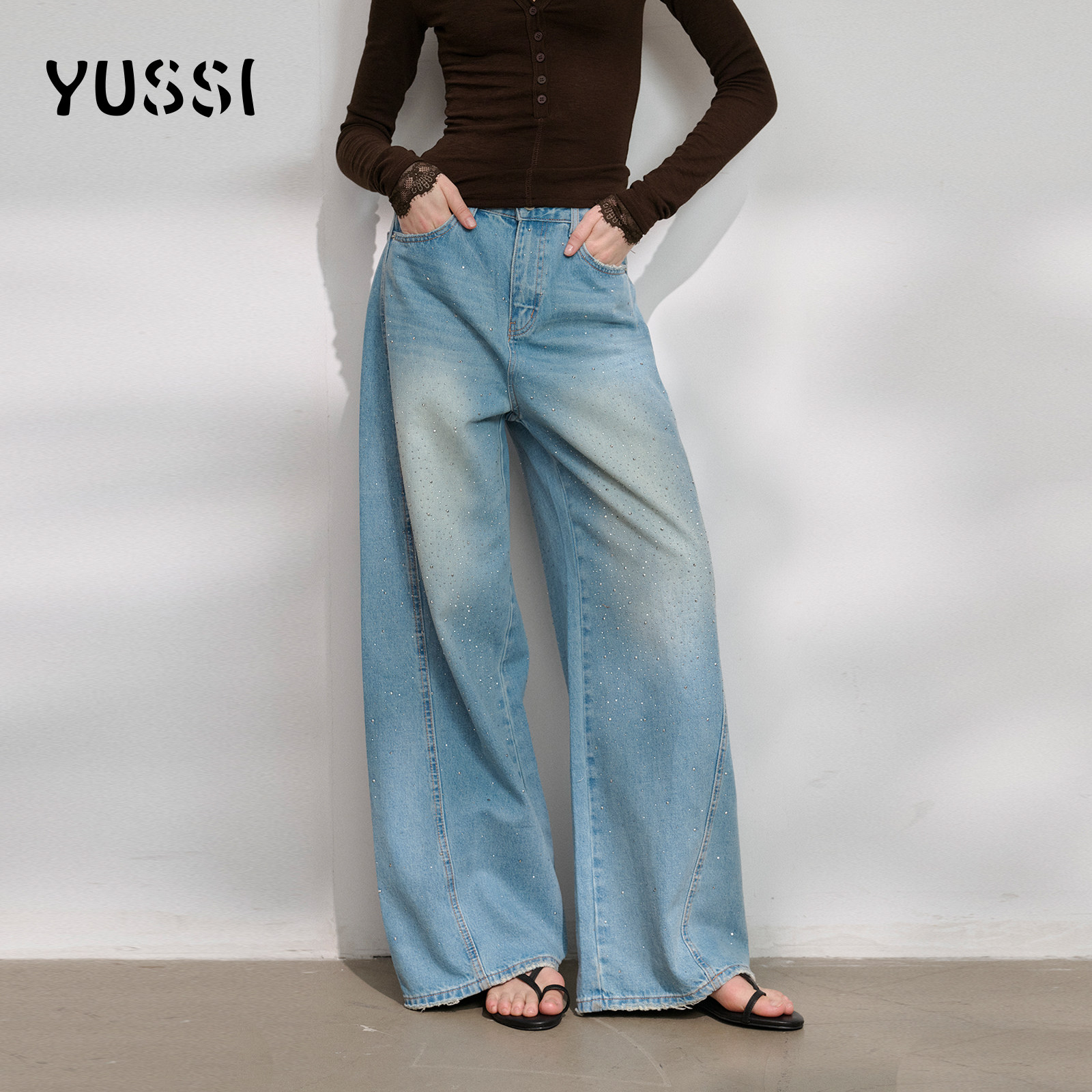 YUSSI2026春季新款高腰百搭亮钻微喇牛仔裤女直筒裤水洗长裤子,女装/女士精品,牛仔裤,淘宝优惠券,粉丝福利购,淘宝优惠卷