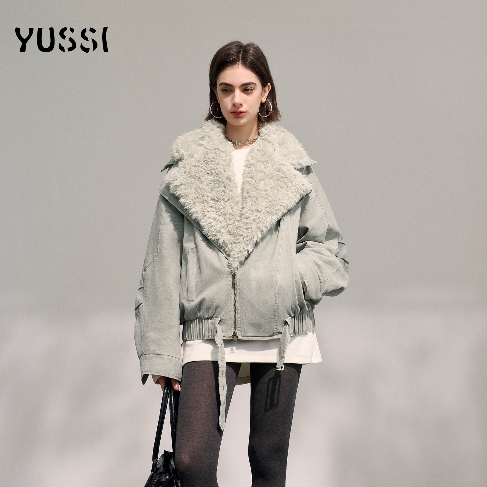 YUSSI廓形机车羊羔毛翻领夹克