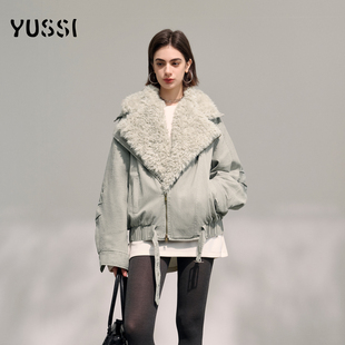 YUSSI廓形机车仿羊羔毛翻领夹克女秋冬加厚短款 可拆卸毛领派克服