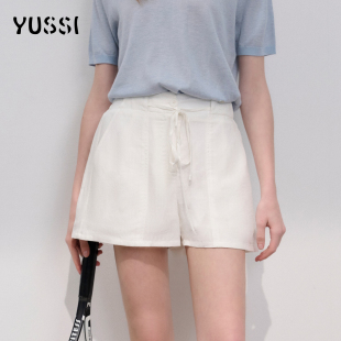 女潮白色系带高腰宽松休闲热裤 天丝亚麻短裤 新款 YUSSI2026夏季