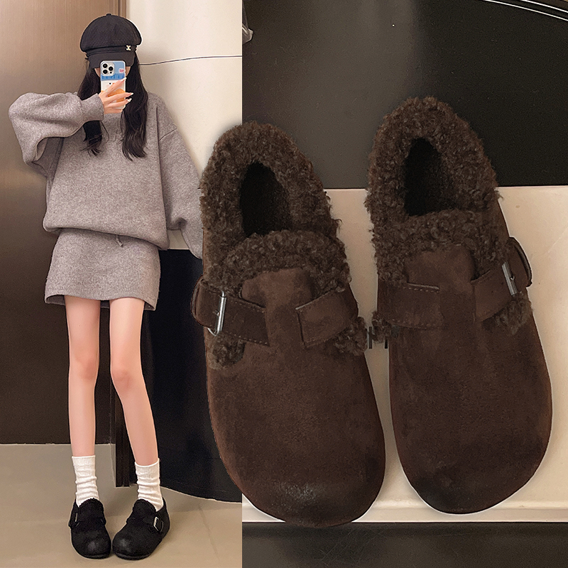 厚底加绒毛毛鞋女外穿2025冬季新款一脚蹬软底勃肯鞋休闲乐福棉鞋