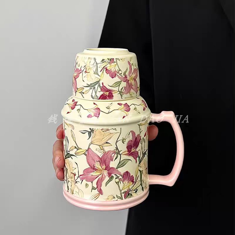 高颜值油画百合花水壶杯轻奢陶瓷水杯大容量马克杯家用下午茶水杯