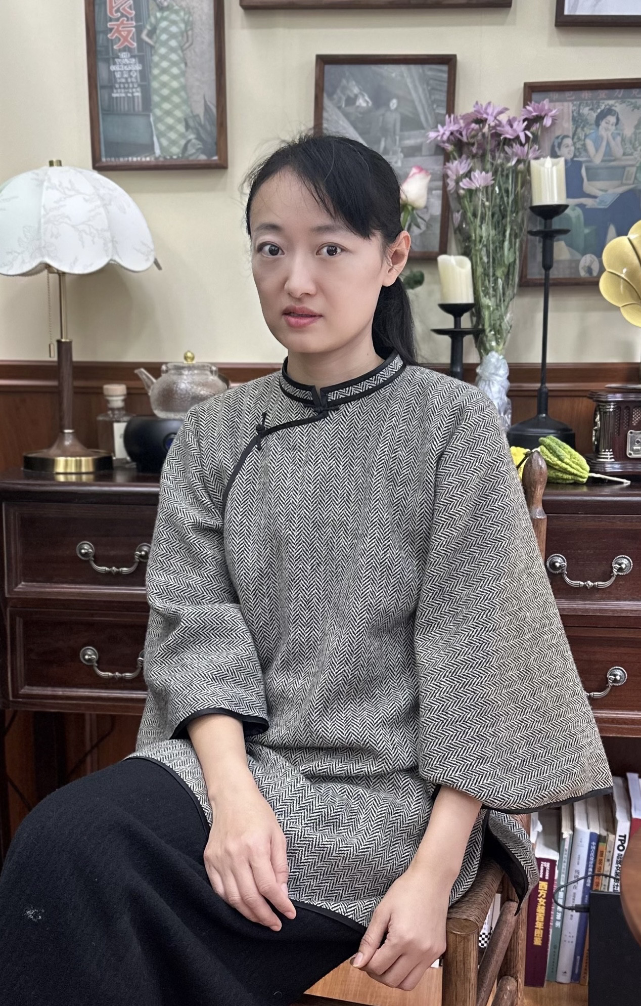 黑白人字羊毛倒大袖短袄旗袍中国风复古盘扣立领长袖保暖外套