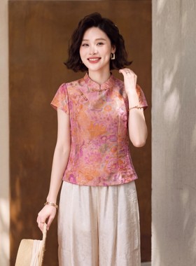 妈妈夏装印花中式花卉小衫套装