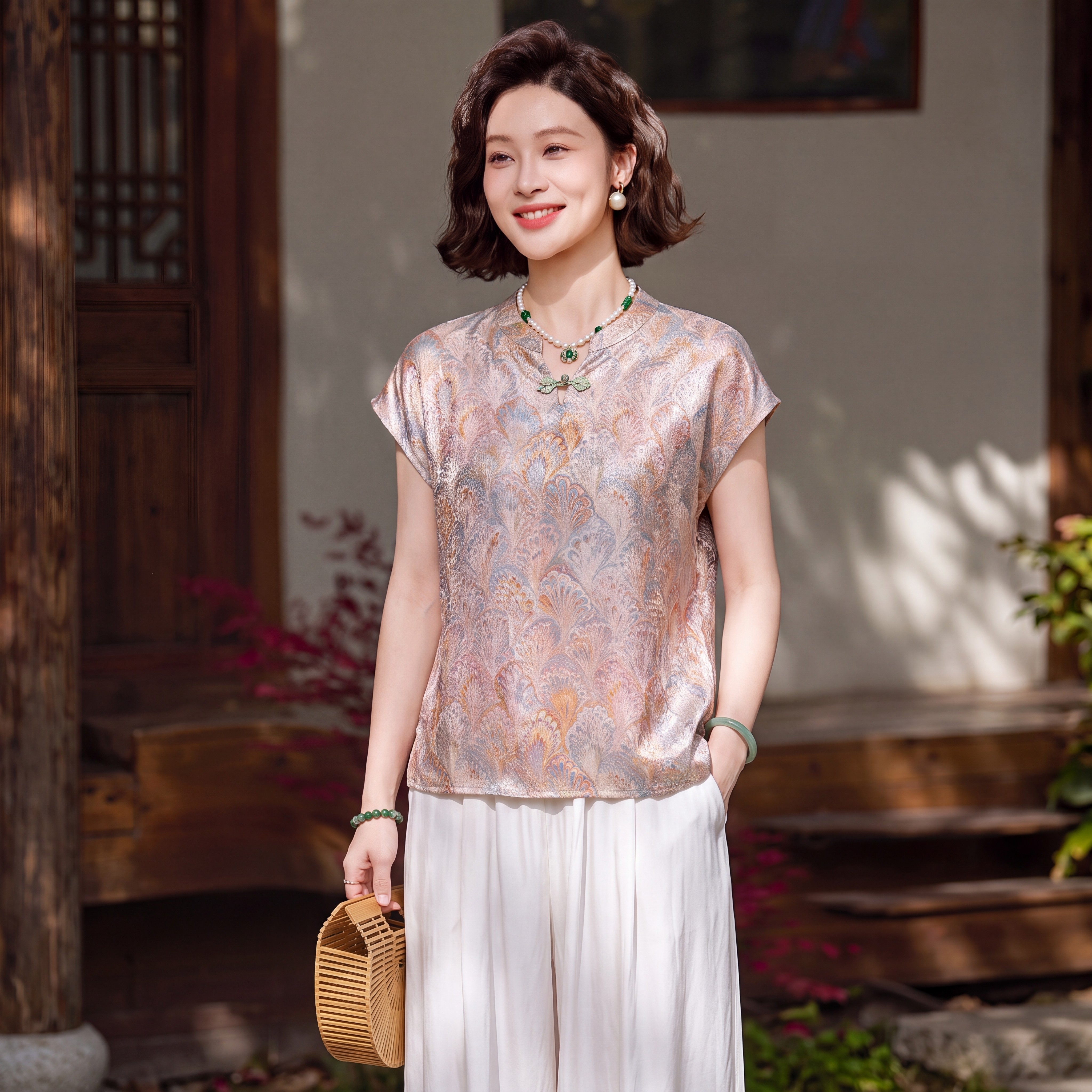 年轻妈妈装夏季国风印花t恤无袖中老年女装