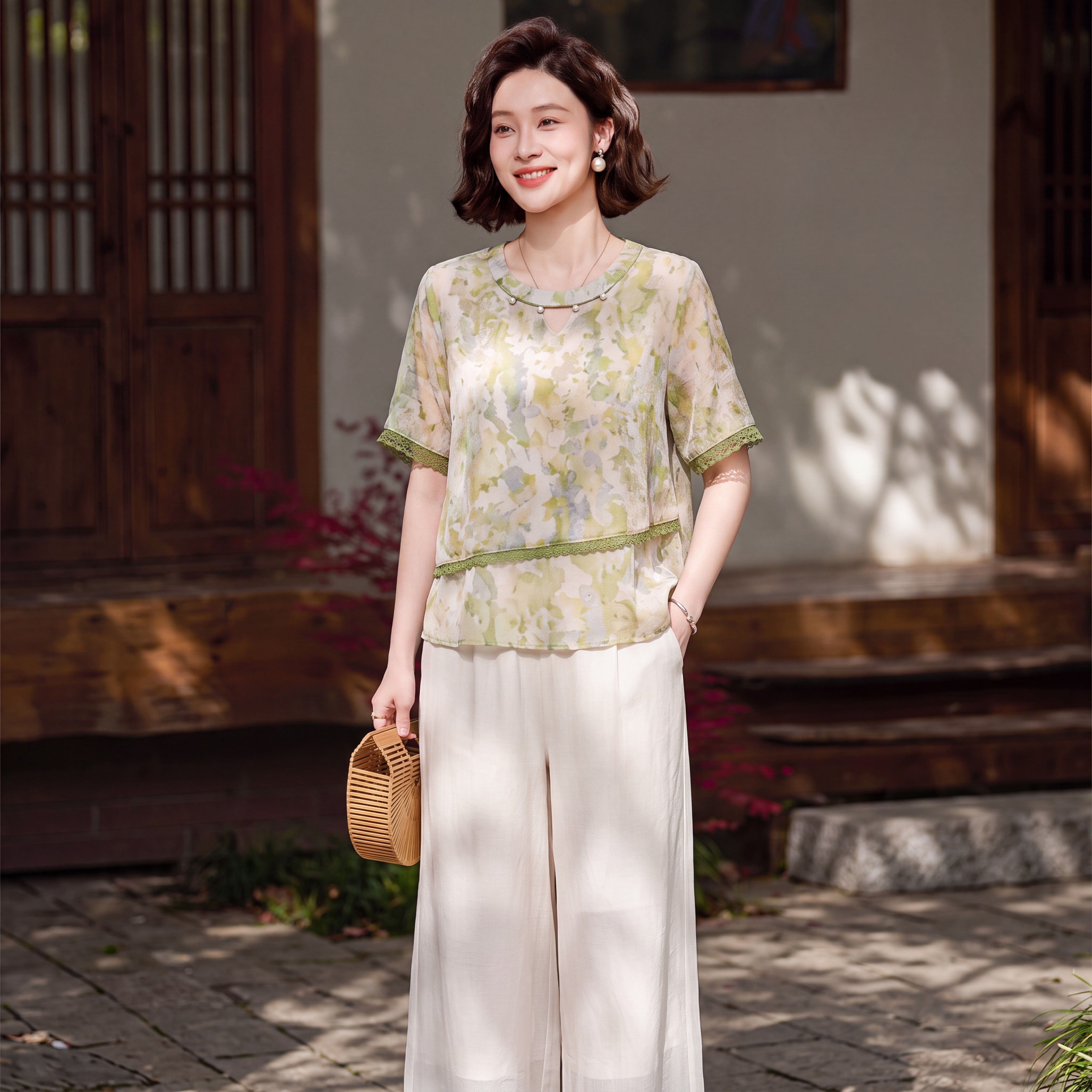妈妈夏装浅黄晕染碎花小衫套装