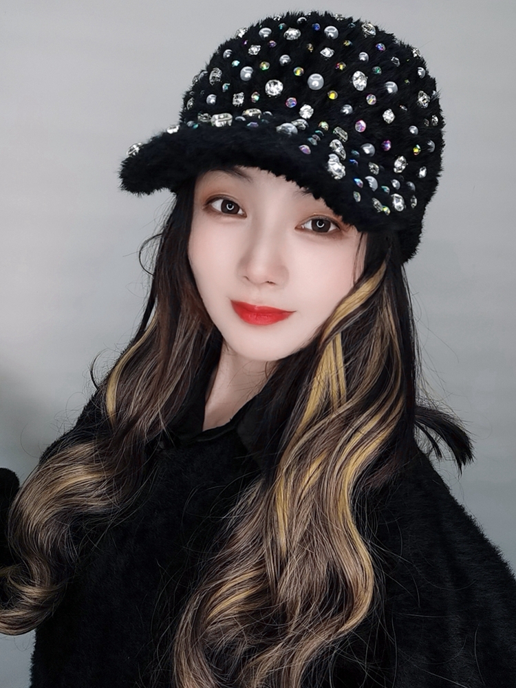 冬天加绒保暖针织水钻空顶帽