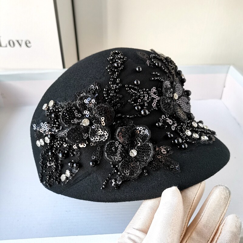 时尚钉珠花朵鸭舌帽女士优雅八角帽2023秋冬新款羊毛呢马术帽礼帽