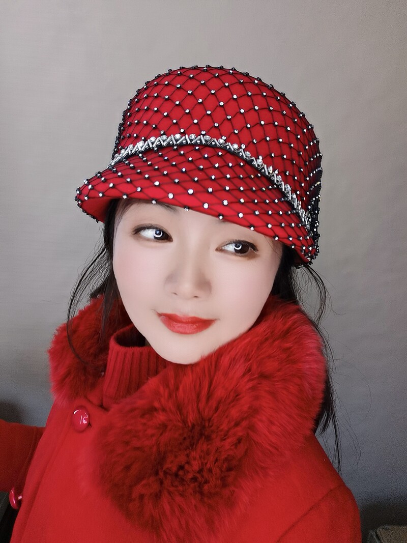 秋冬天高档重工水钻羊毛呢马术帽时尚百搭本命年红帽子洋气小礼帽
