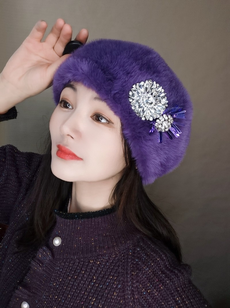 冬天麂皮绒保暖毛毛贝雷帽女