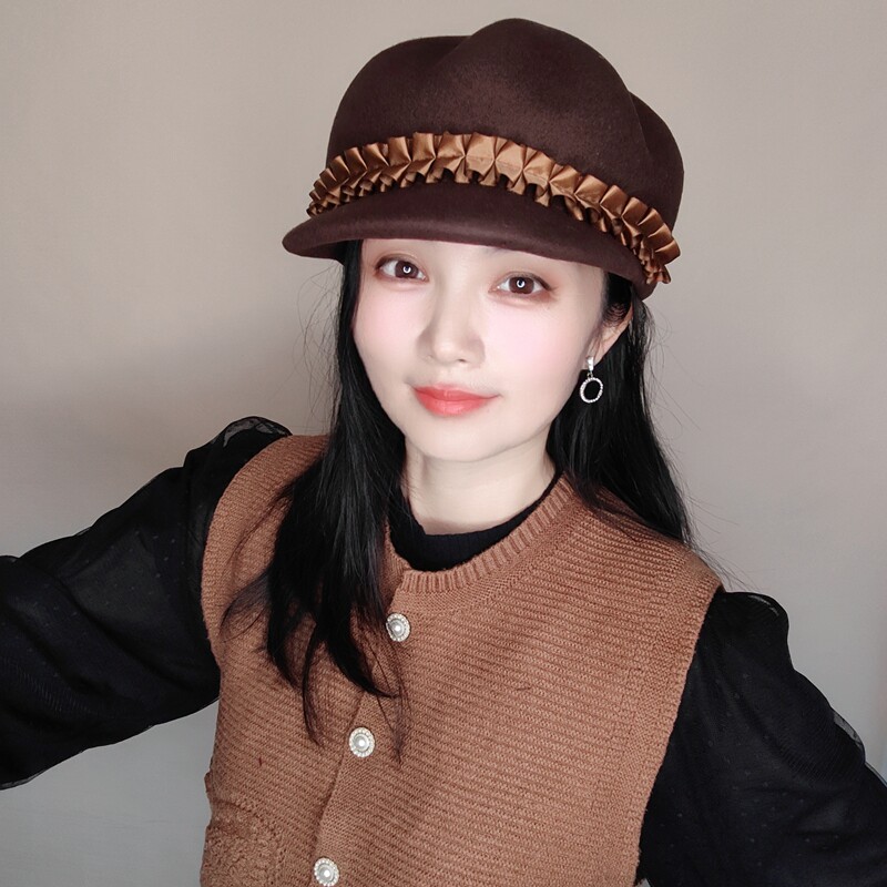 复古百搭八角帽子咖啡色鸭舌帽女士秋冬保暖毛呢报童帽时尚羊毛帽