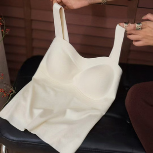 秋冬羊绒珍珠胶原蛋白螺纹磨猫一体一字吊带内心内衣女士