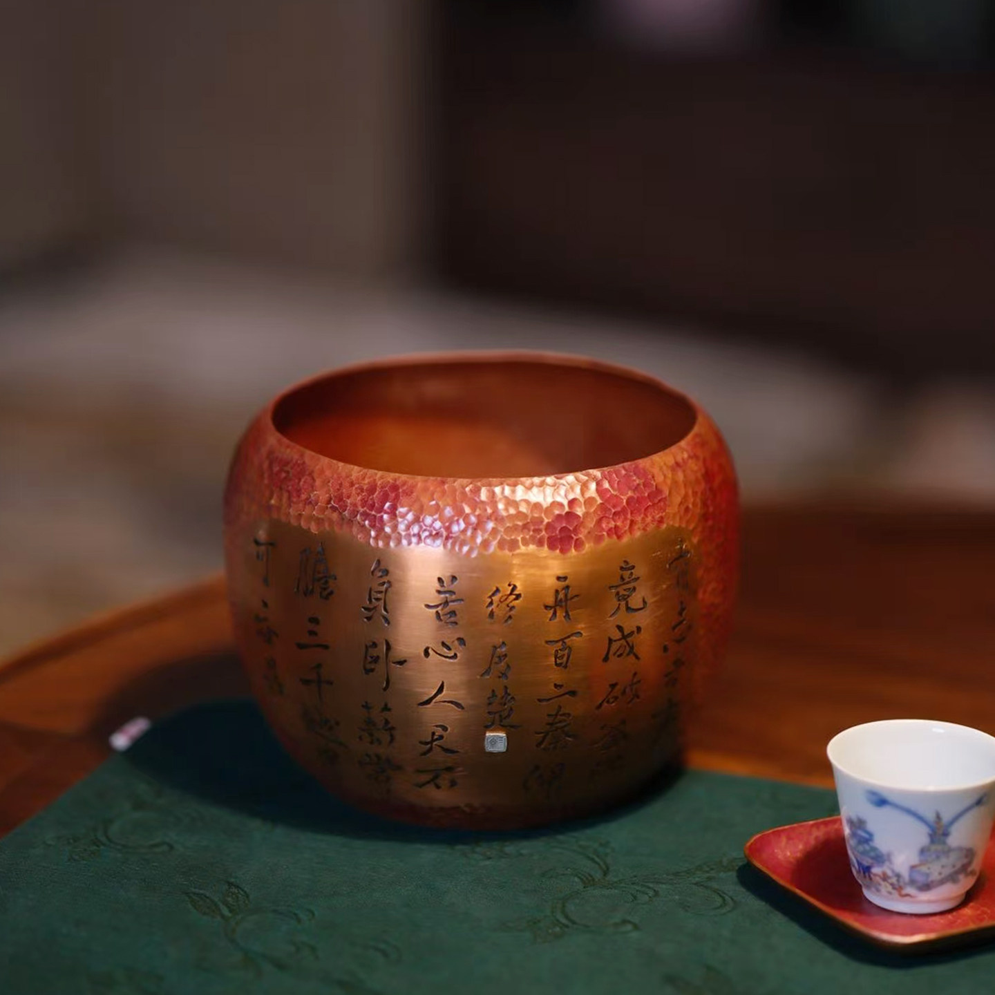 纯紫铜杯洗手工锤纹福气茶洗缸