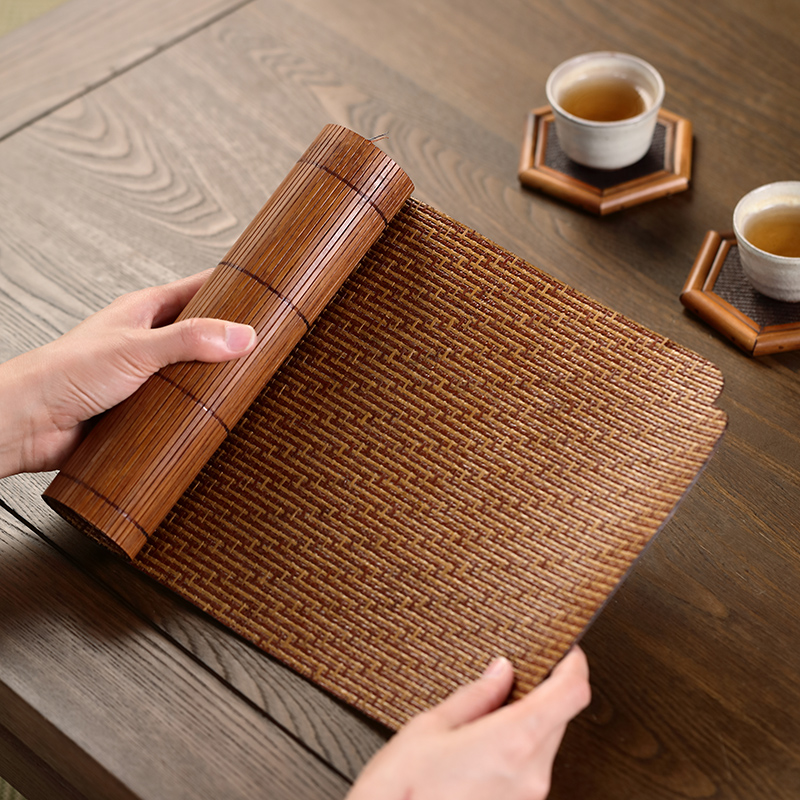 中式手工竹编茶席茶杯垫