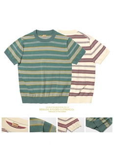 Remains 50年代复古风格细条纹高捻棉针织圆领短袖体恤衫撞色T恤