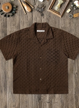 SOFT CONTAINER 棕咖色棋盘格泡泡纱宽松古巴领短袖衬衫都市潮流