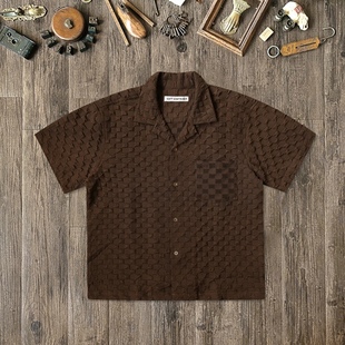 衬衫 棕咖色棋盘格泡泡纱宽松古巴领短袖 都市潮流 CONTAINER SOFT
