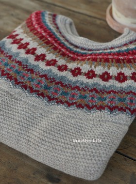 现货 ERIBE 苏格兰产手工编制美丽奴羊毛费尔岛套头毛衣女款P3987