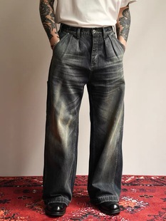 长裤 AKOM Denim纯棉复古水洗做旧锈迹宽松双褶牛仔裤 SS24 Online