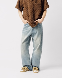 CONTAINER 男女款 洗水做旧泼墨磨边长裤 潮流 宽松直筒牛仔裤 SOFT