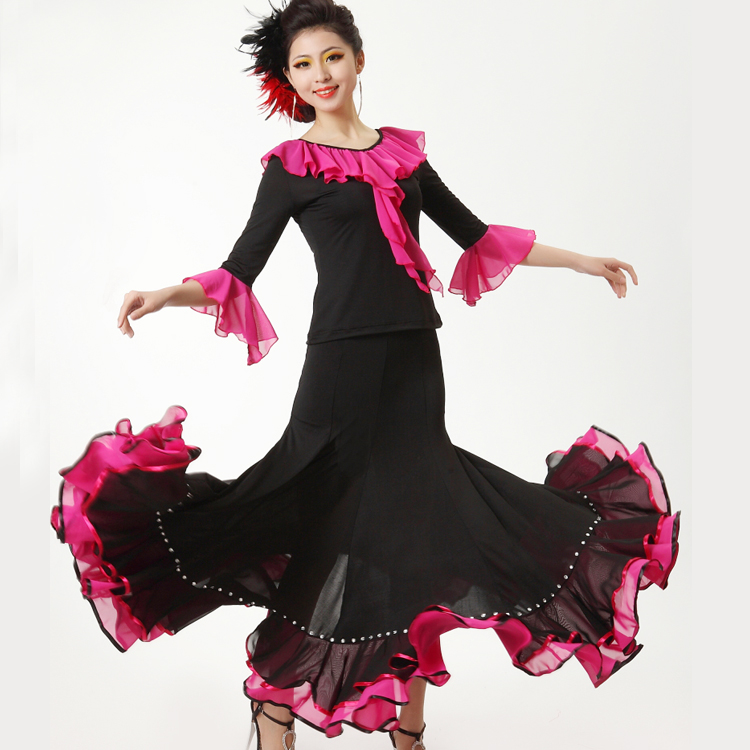 新款摩登舞裙套装花边镶钻大摆裙