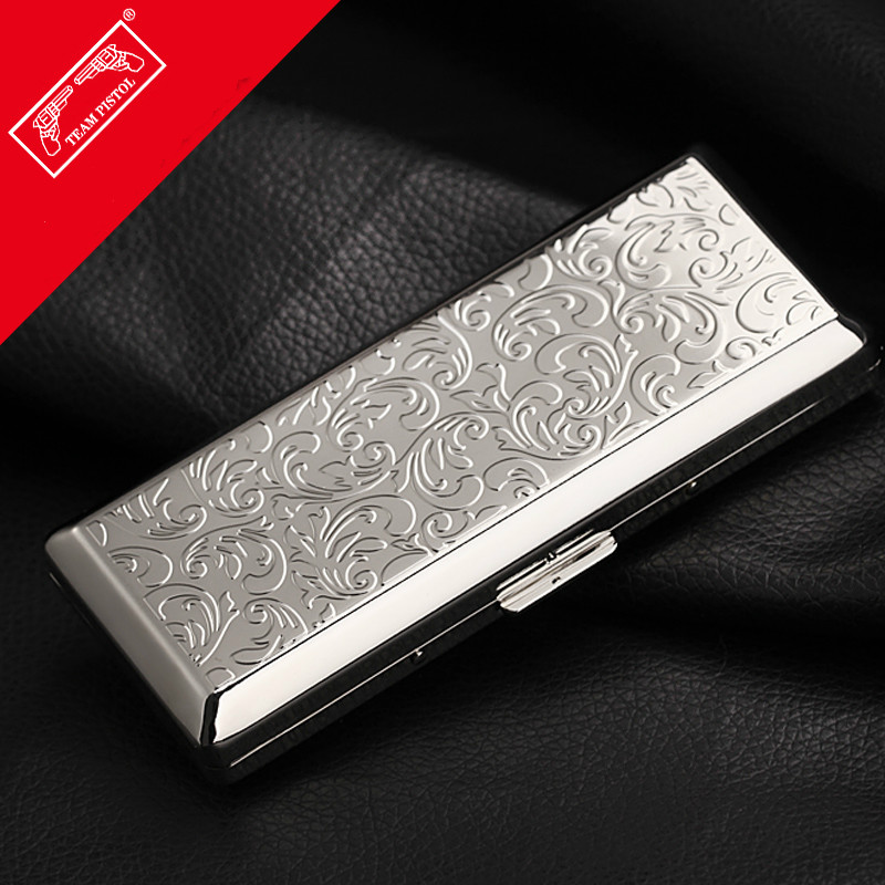 双枪女细烟盒14支装加长款男香菸盒个性创意便携金属烟夹烟具