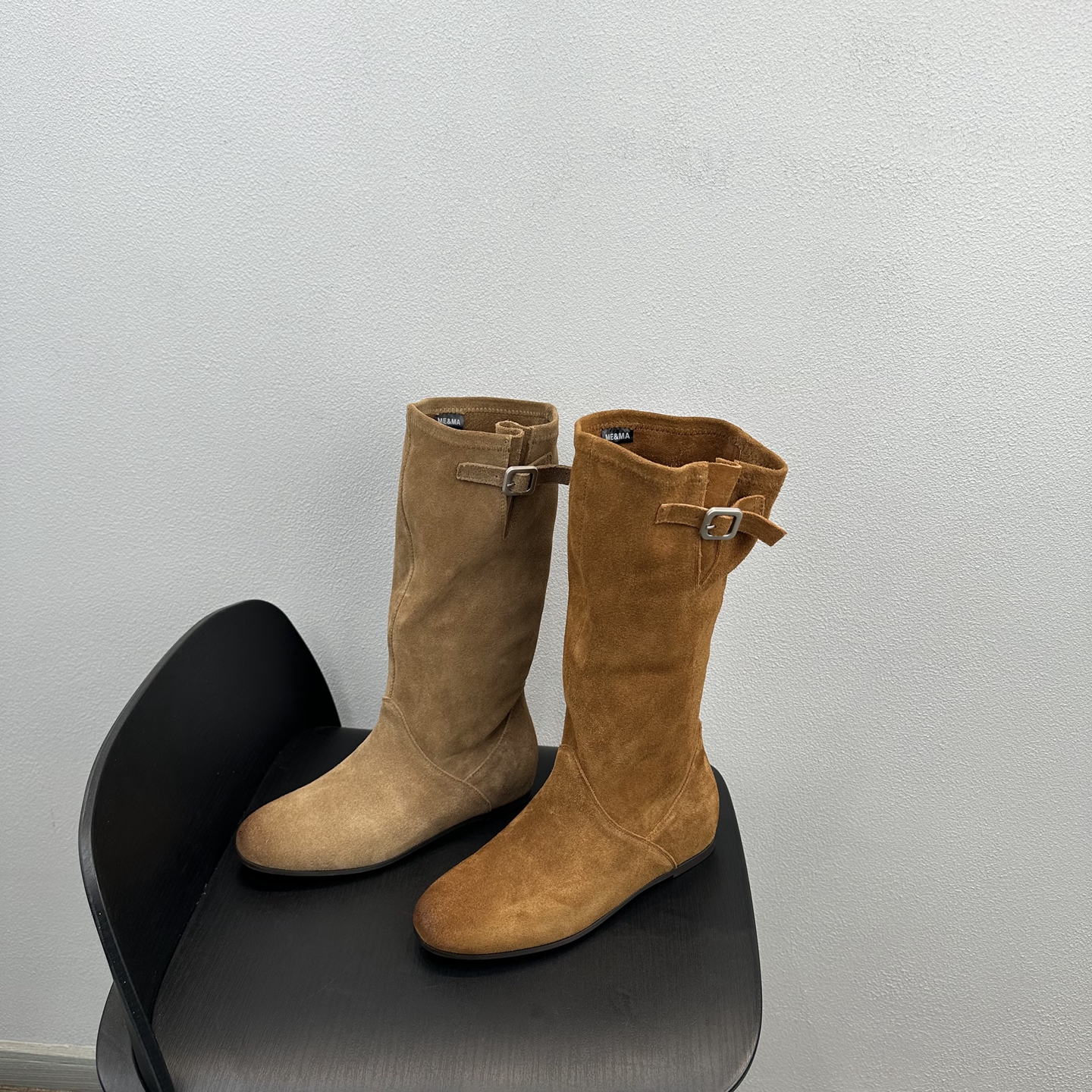 时尚百搭磨砂真皮搭扣高筒靴单靴