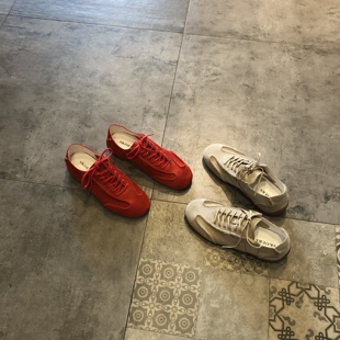 平底百搭软底板鞋 女真皮系带休闲运动鞋 红色 复古德训鞋 2026年新款