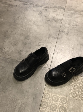 英伦风厚底牛津鞋女真皮双扣带雕花小皮鞋黑色布洛克鞋加绒保暖