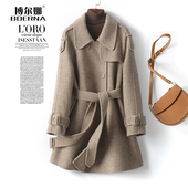 羊毛大衣女中长款 双排扣系带人字纹双面呢秋冬新款 高端羊毛呢外套