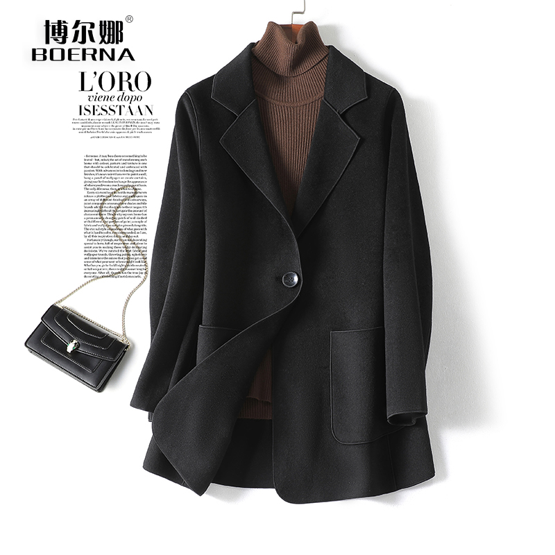 羊绒大衣女士黑色修身外套西装式